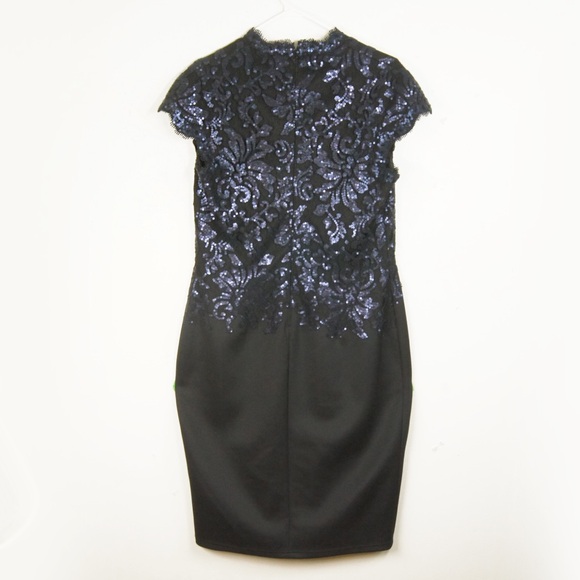 Tadashi Shoji Black Deep Navy Blue Sequin Lace Evening Dress - Picture 3 of 5